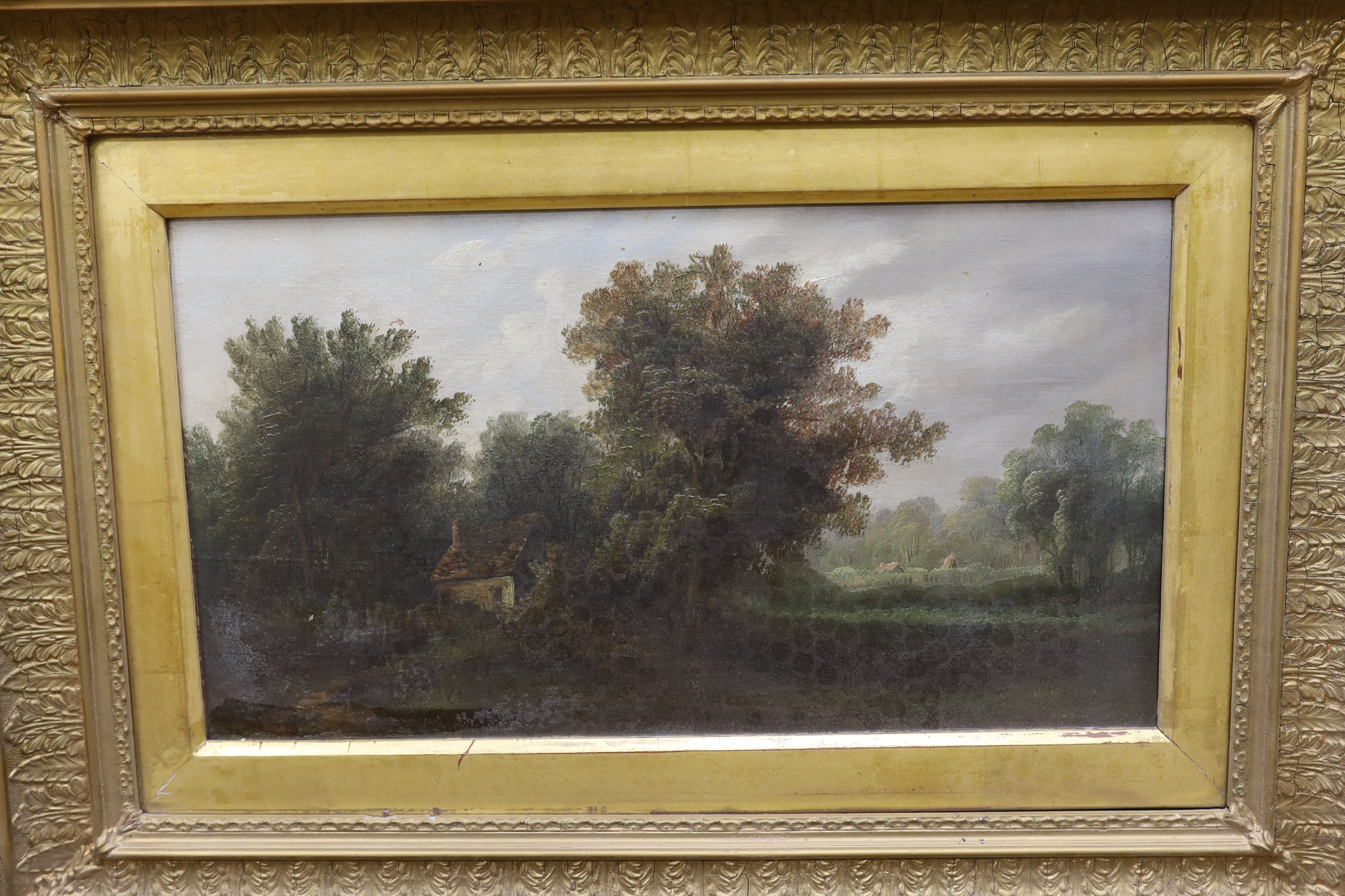19th century, four oils on canvas, Landscapes, two signed S. Thompson, one signed J. Scott, 26 x 45cm, ornate gilt framed